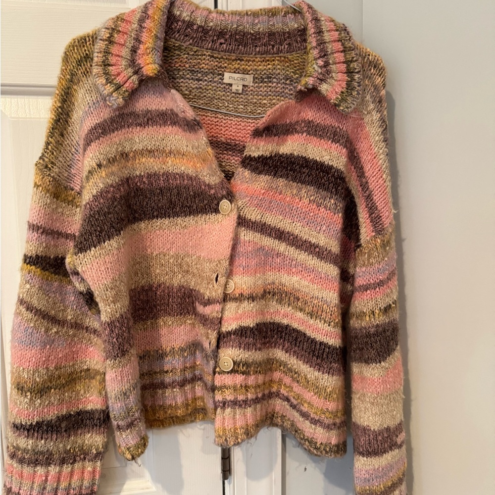 Pilcro Pink and Brown Striped Cardigan
